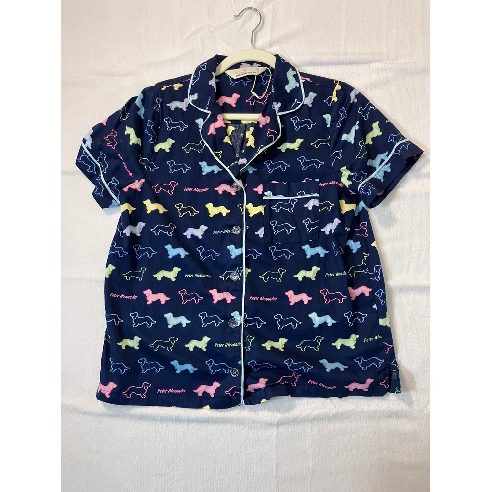 Peter Alexander Pajama Top Women Small S Navy Blue Dachshund Dog Print SS NWOT